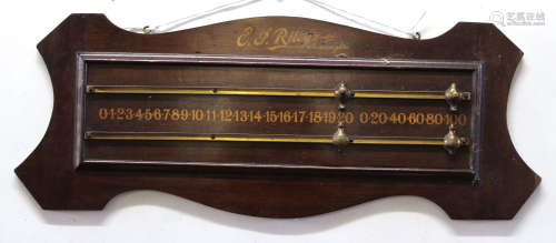 E J Riley & Co (Accrington) vintage mahogany snooker or billiards scoreboard, 70cm long