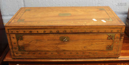 Faded 19th century rosewood writing slope, inlaid throughout with cut brass and with a fitted