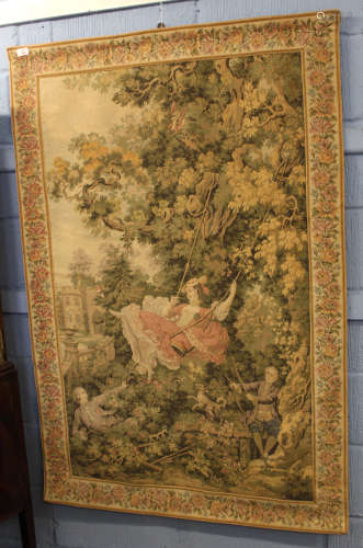 20th century Aubusson style tapestry picture depicting figures at play in a garden, 147 x 98cm