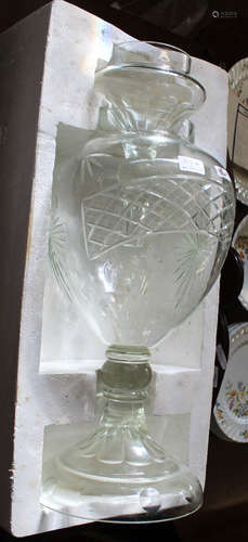 Large crystal glass covered urn of baluster form, the body etched with motif of deer, 70cm high