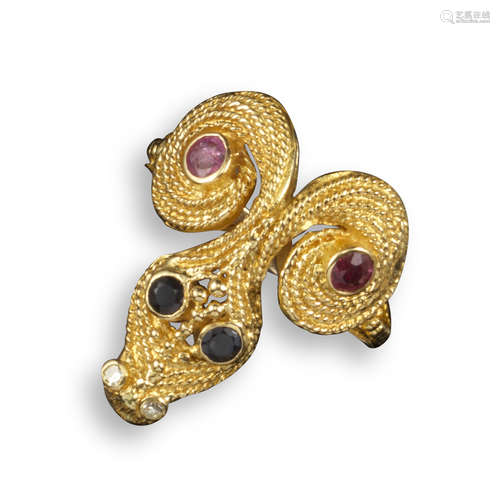 A sapphire, ruby and diamond snake ring by Lalaounis