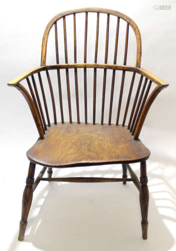Oak/elm stick back Windsor kitchen chair with solid seat and H-stretcher