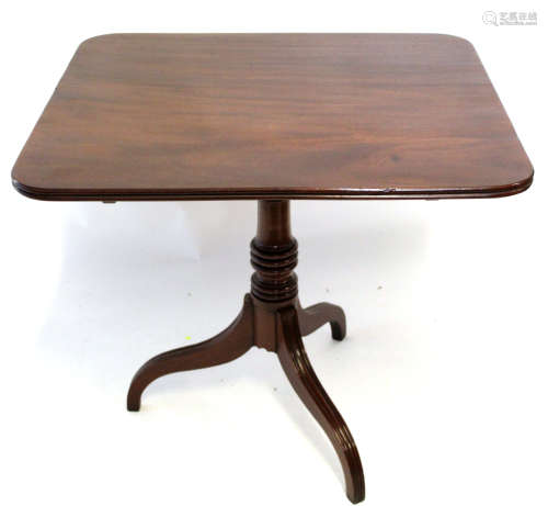 19th century mahogany rectangular top pedestal table with ring turned support and tripod base,