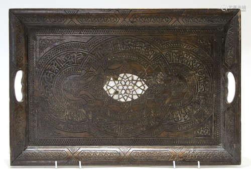 Anglo-Indian or Oriental two-handled tray, central panel with geometric design with mother of