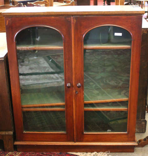Mahogany bookcase, two arched panelled glazed doors enclosing fitted plush lined adjustable shelving