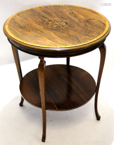 Edwardian rosewood circular two tier occasional table, the cross banded top inlaid in the centre