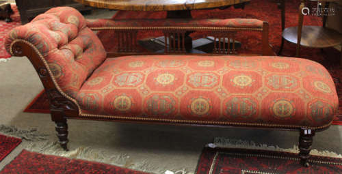 Late 19th century mahogany chaise longue with gallery back, upholstered throughout in patterned
