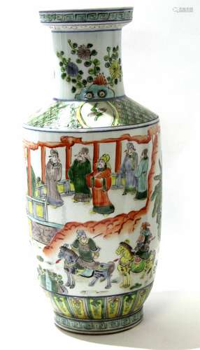 Large Chinese porcelain Rouleau type vase decorated in a famille vert palette with Chinese figures