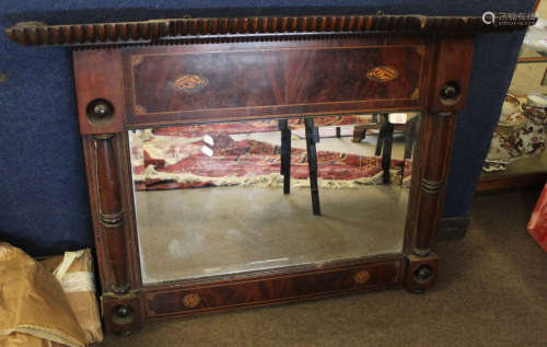 19th century mahogany overmantel mirror inlaid with Sheraton style shell panels and stylised foliate