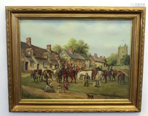R M Crompton, signed, oil on board, Village scene with horse gathering, 43 x 59cm