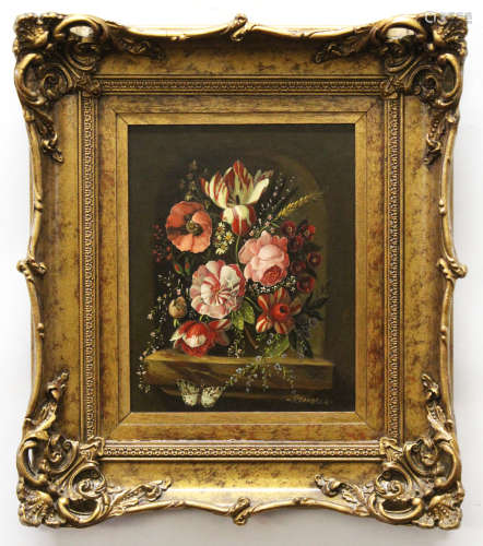 Wenzel Adam Rudorfer, signed oil on board, Still Life study of mixed flowers in a glass vase on