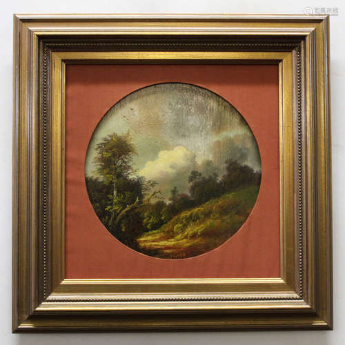 Andrew Grant Kurtis, signed oil on panel, Heathland scene, 20cm diam