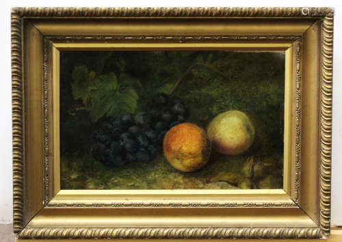 19th century English School oil on canvas, Still Life study of mixed fruit on a mossy bank, 20 x