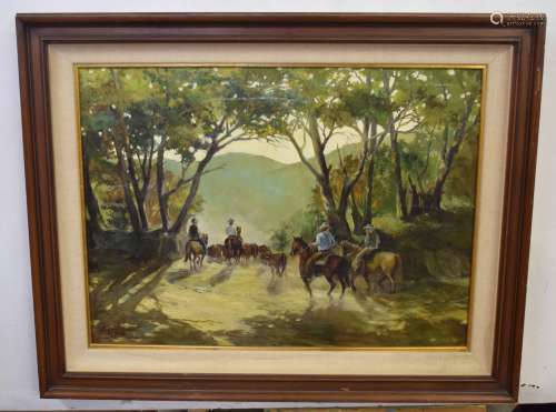 Indistinctly signed and dated 1982, oil on canvas, American landscape with cowboys on horseback,