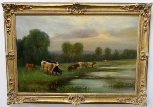 J Williamson, signed oil on canvas, Cattle in a meadow, 49 x 74cm