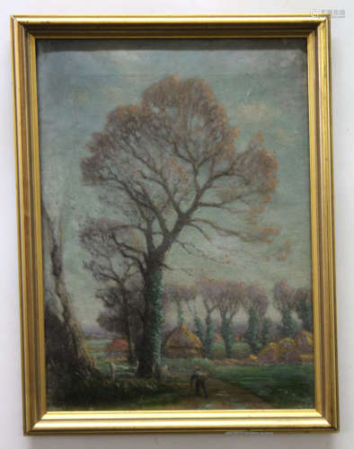 William B Rowe, signed oil on canvas, Figure in a landscape, 34 x 24cm