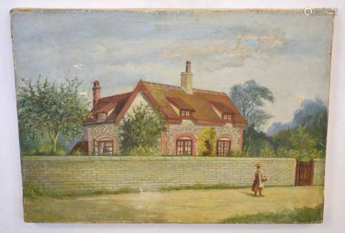 Indistinctly signed and dated 1895, oil on canvas, Figure in country lane before a cottage, 26 x