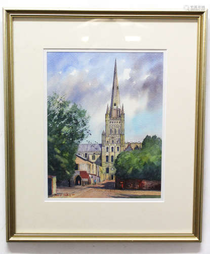 David Talks, signed watercolour, Norwich Cathedral, 31 x 24cm