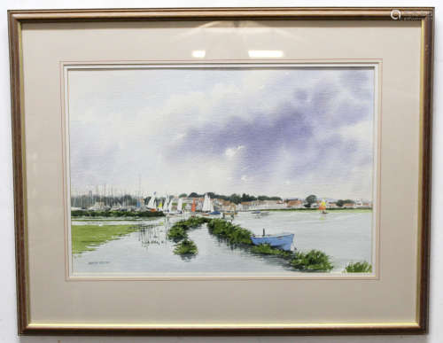 Martin Sexton, signed watercolour, Estuary scene with boats, 38 x 55cm
