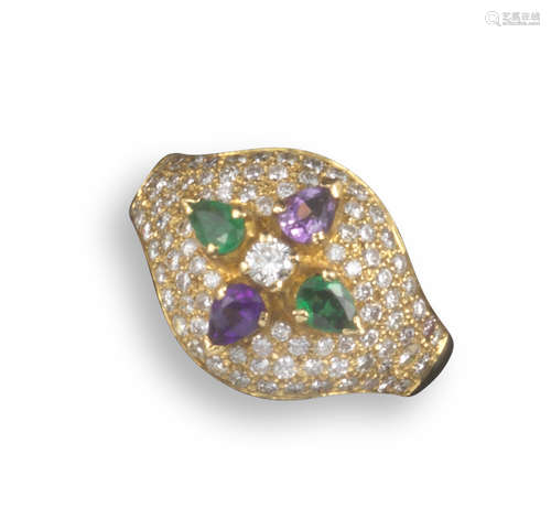 A diamond and gem-set gold bombé ring