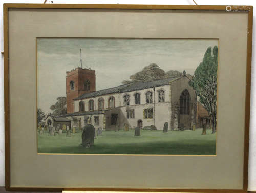 Noel Spencer, signed pen, ink and watercolour, Sprowston Church, 29 x 44cm