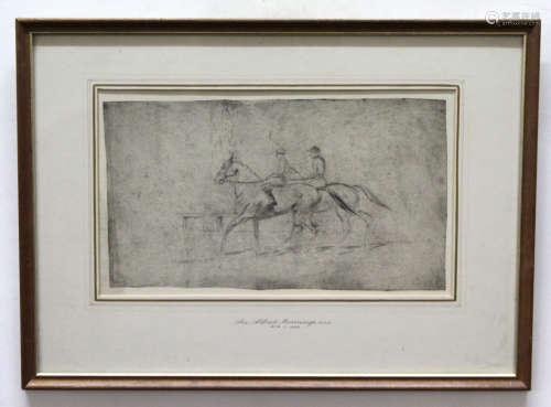 After Sir Alfred J Munnings, black and white etching, Racehorses, 15 x 26cm