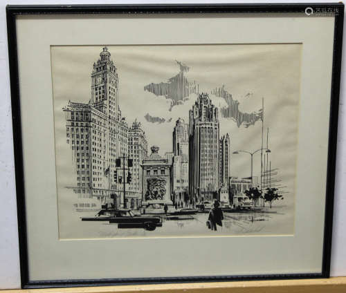 Ollenbach, signed pen and ink drawing, Michigan Avenue Bridge from the corner of Michigan Avenue and