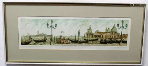 Indistinctly signed in pencil to margin, coloured etching, Venice, 13 x 54cm