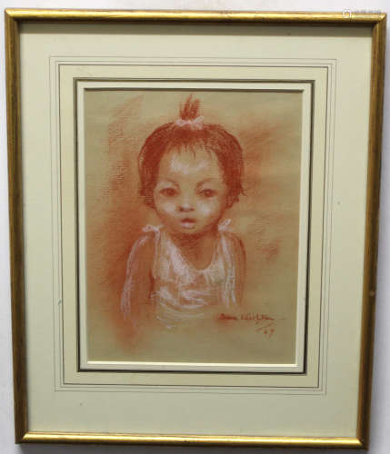 Sara Leighton, signed and dated 67, Rouge drawing, Young child, 20 x 15cm