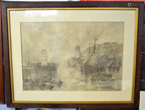 George Sheffield, signed and dated 1891, charcoal drawing, Boats in a harbour entrance, 54 x 79cm