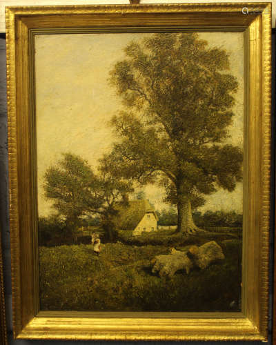 19th century English School oil on panel, Mother and child before a cottage in woodland, 47 x 34cm