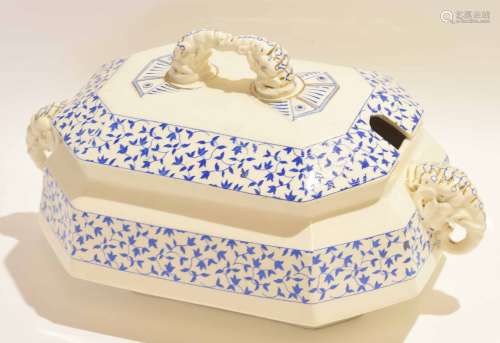 Large late 19th century casserole and cover by Mayers, with blue and white design and elephant