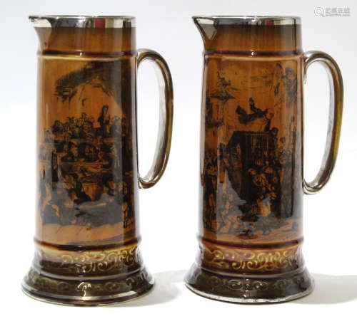 Pair of Ridgways treacle glazed jugs with decoration from Mr Pickwick, within silver coloured