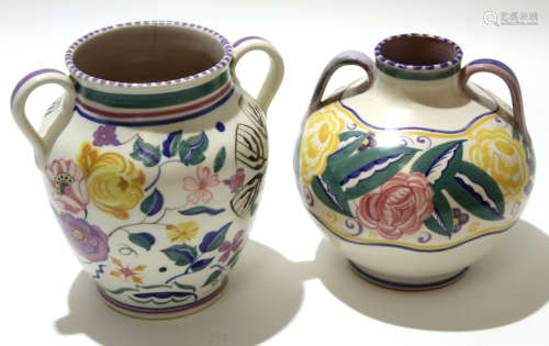 Two mid-20th century Poole Pottery vases, both with loop handles, one with a floral design, possibly