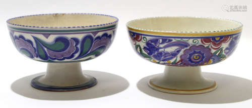 Pair of mid-20th century bowls on stem feet, one with the bluebird pattern, the other with a