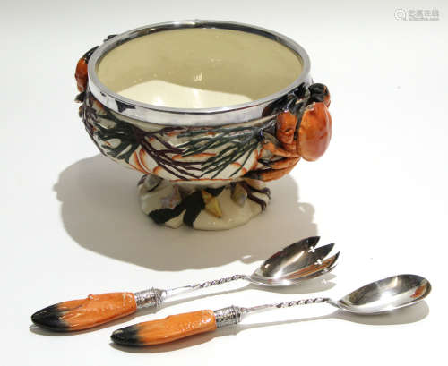 Mid-20th century salad bowl with silver plated rim, the sides modelled in relief with crabs