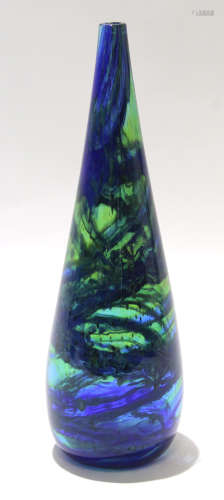 Cylindrical Art glass vase with a blue and green design, the base etched 