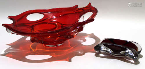 Large ruby coloured glass bowl with Art Nouveau design to exterior, together with a glass ashtray,