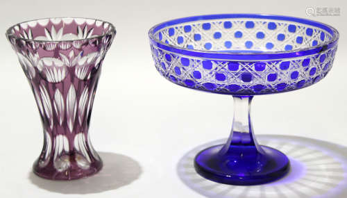 Bohemian style glass vase with a flashed purple design together with a Bohemian style glass tazza