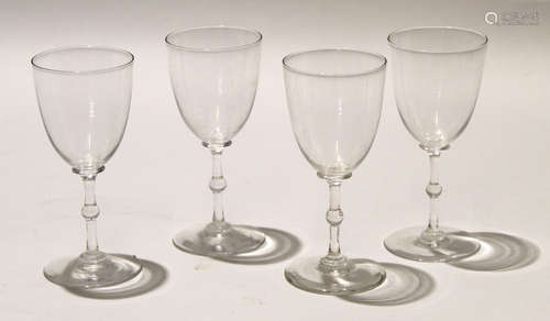 Collection of wine glasses with funnel bowls on a knopped stem, (12)