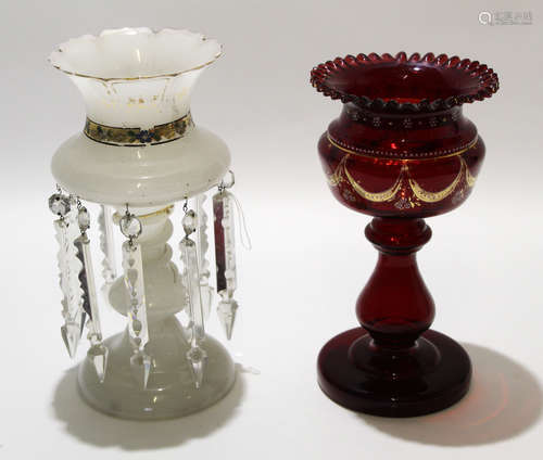 White glass table lustre with gilt decoration to collar, together with a cranberry coloured glass