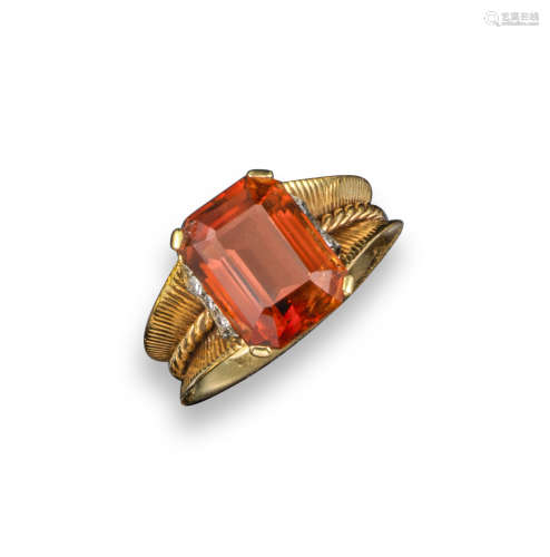 A citrine and diamond-set yellow gold ring