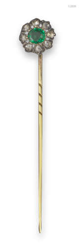 An early 19th century emerald and diamond stick pin