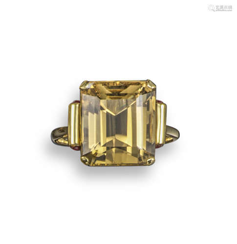 A citrine and ruby-set gold ring
