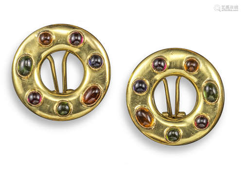 A pair of gem-set gold disc earrings