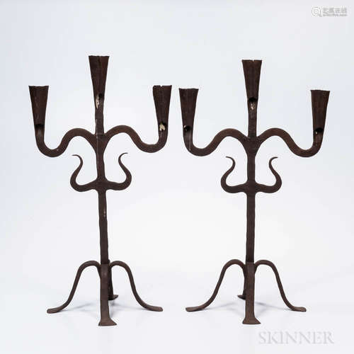 Pair of Wrought Iron Three-light Candelabra