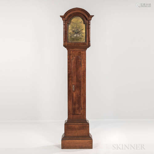 Rare Tiger Maple Tall Case Clock with Elaborately Engraved Brass Dial