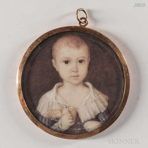 American School, Mid-19th Century Miniature Portrait of a Boy Holding a Bird