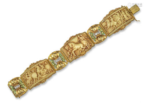 λ An Art Nouveau diamond and enamel gold bracelet