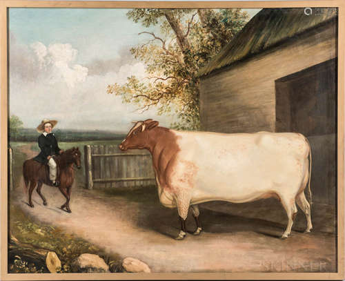 Anglo/American School, 19th Century Portrait of a Cow and Horse and Rider